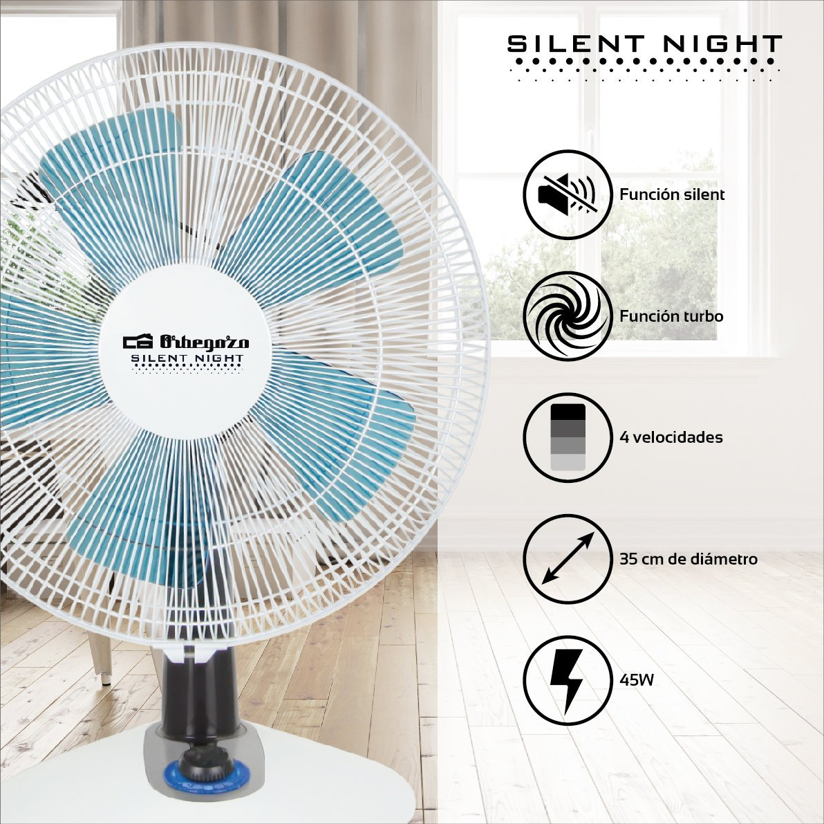 Un ventilador blanco con aspas azules, con iconos que explican sus funciones en el lado derecho.