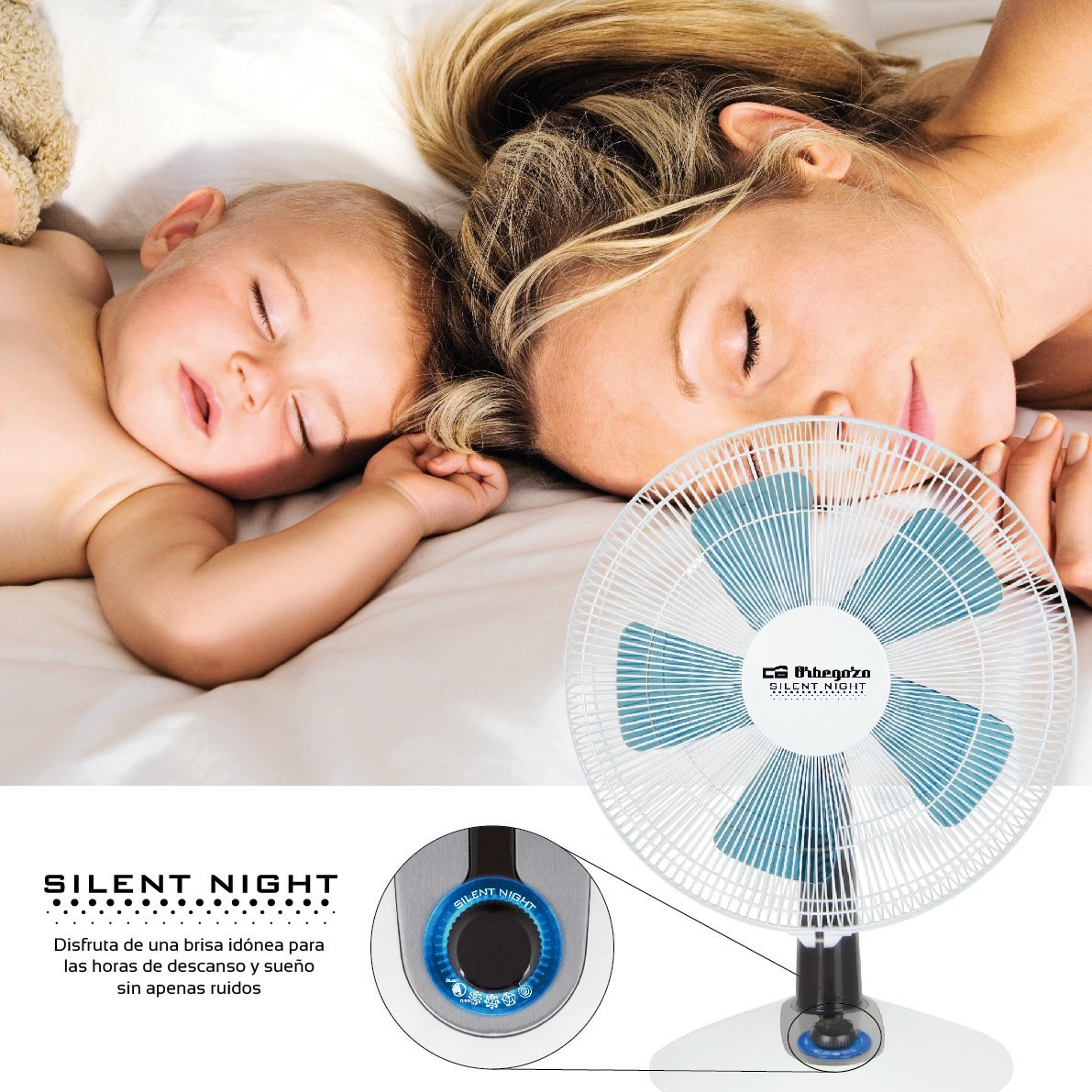 Mujer y bebé durmiendo cerca de un ventilador. El ventilador es blanco y azul. Texto: "SILENT NIGHT".