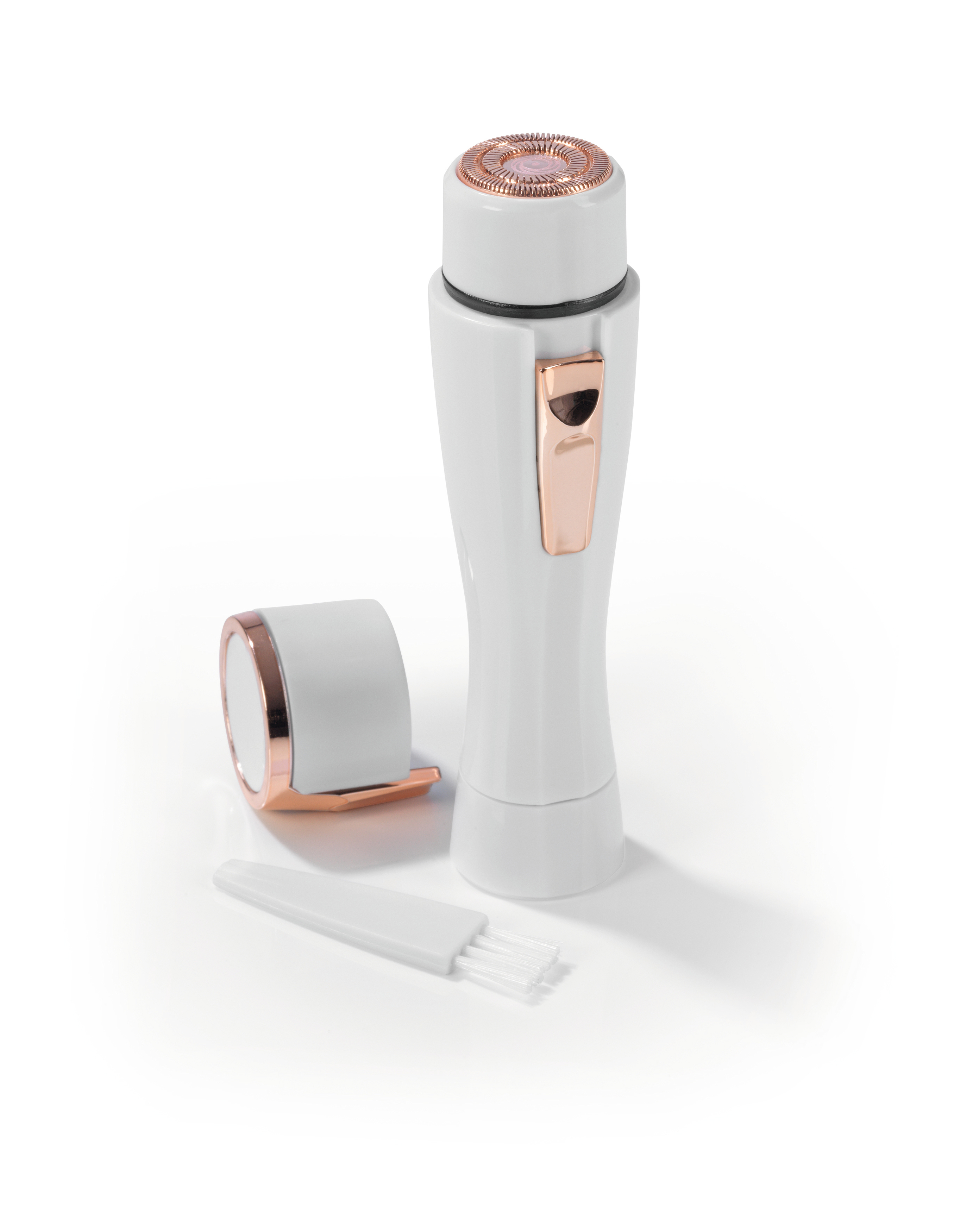 Ein weißer und roségoldfarbener Gesichtshaarentferner mit Kopf und Reinigungsbürste daneben.
