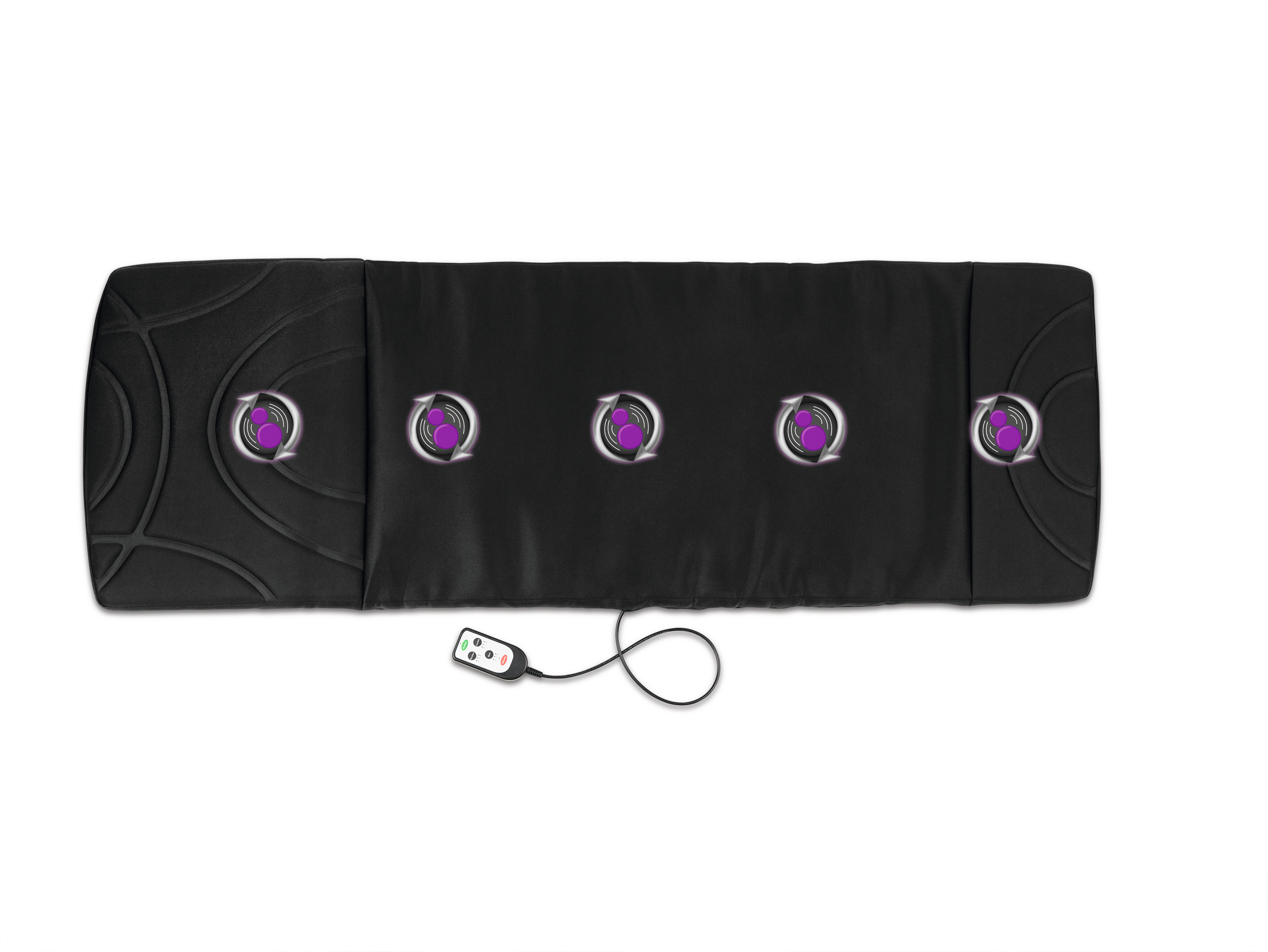 Eine schwarze Massagematte mit lila kreisförmigen Vibratoren und einer Fernbedienung.