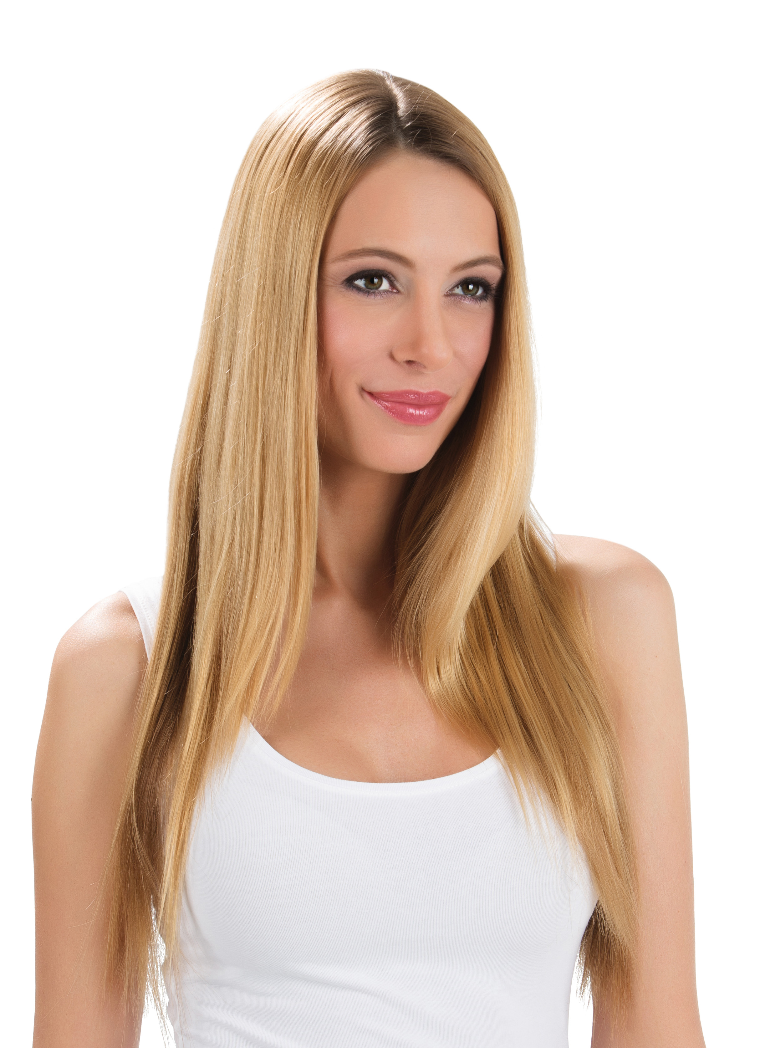Blonde Frau mit langen Haaren lächelt, weißes Tanktop.