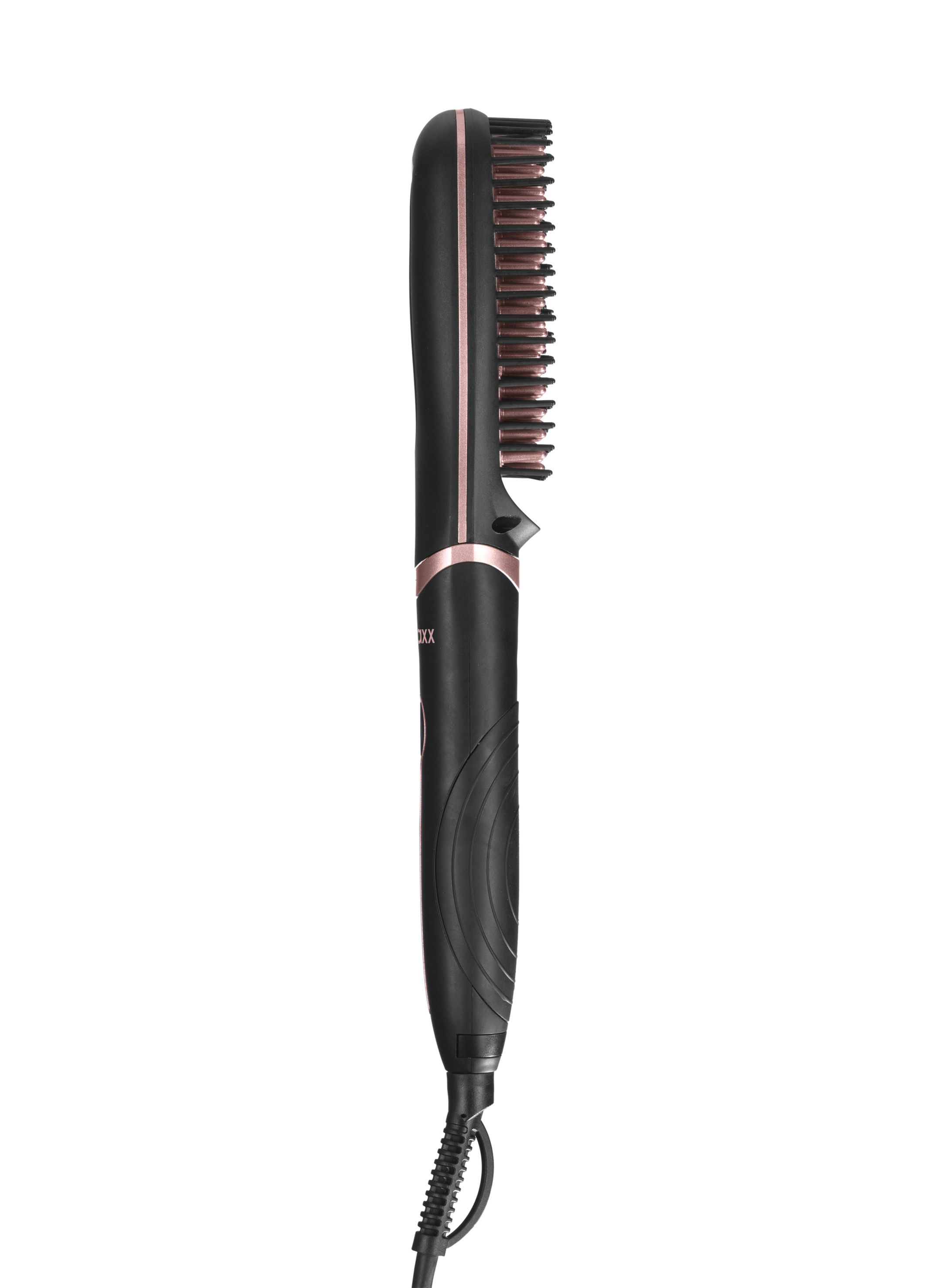 Haarglättungsbürste in Schwarz und Kupfer. Sie hat einen Griff, Borsten und ein Kabel.