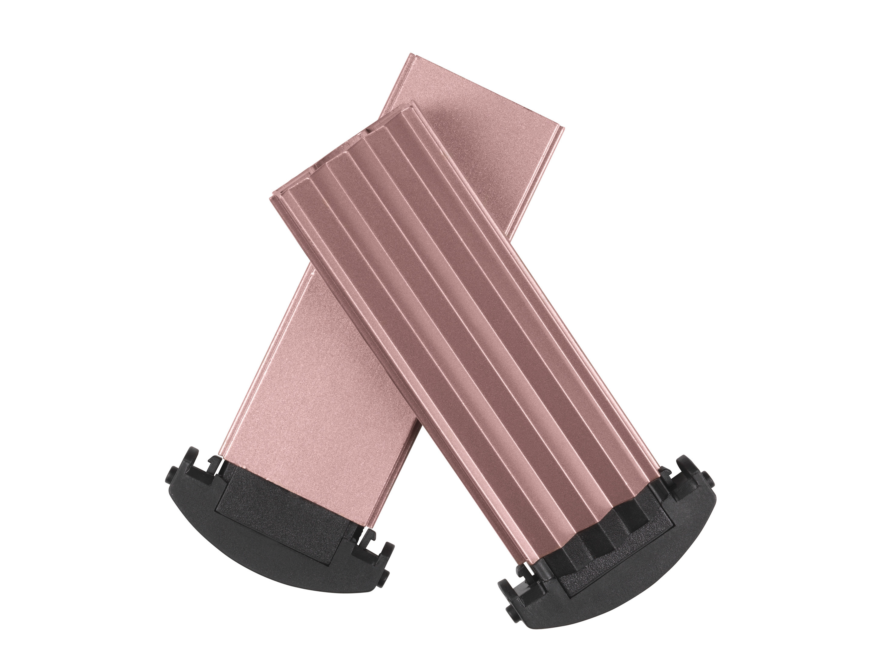 Zwei roségoldfarbene Metallstangen, eine über die andere geneigt. Beide haben schwarze Enden.