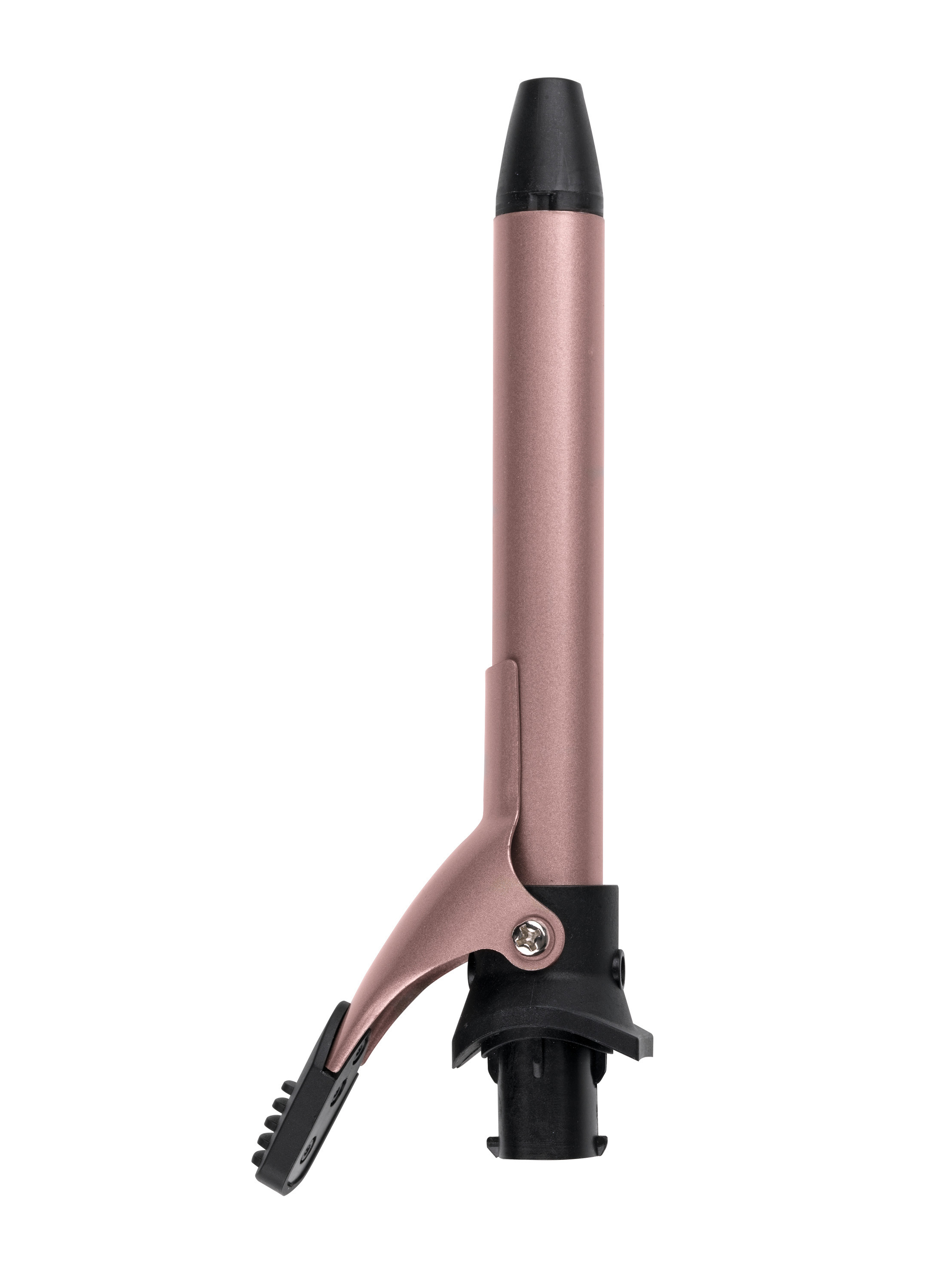 Ein roségoldenes Lockenstab. Es ist vor einem weißen Hintergrund platziert.