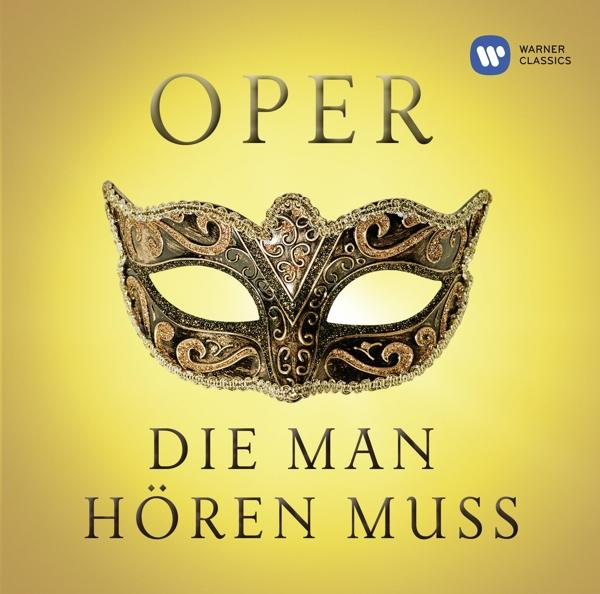 Opern-Albumcover mit Maske und Text auf gelbem Hintergrund. Die Worte 'Opera' und 'Die Man'.