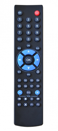 Eine schwarze TV-Fernbedienung mit mehreren Tasten, die mit Zahlen, Symbolen und Funktionen beschriftet sind.