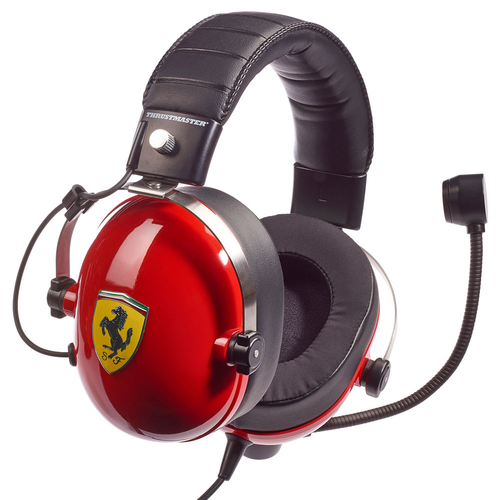 Rotes Ferrari-Headset mit Mikrofon. Schwarze Ohrmuscheln und Kopfband.