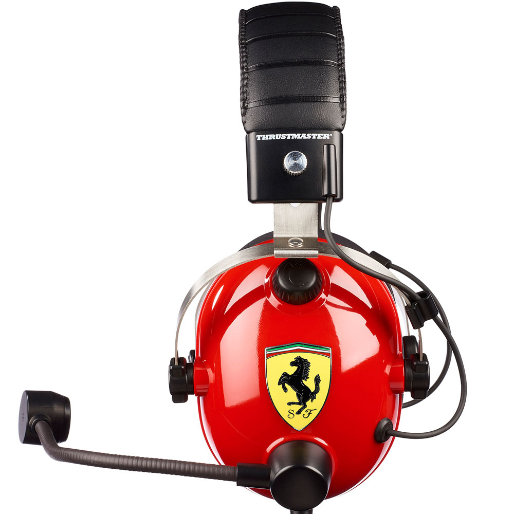 Rotes Ferrari-Renn-Headset mit schwarzem Mikrofon und Ferrari-Logo auf weißem Hintergrund.