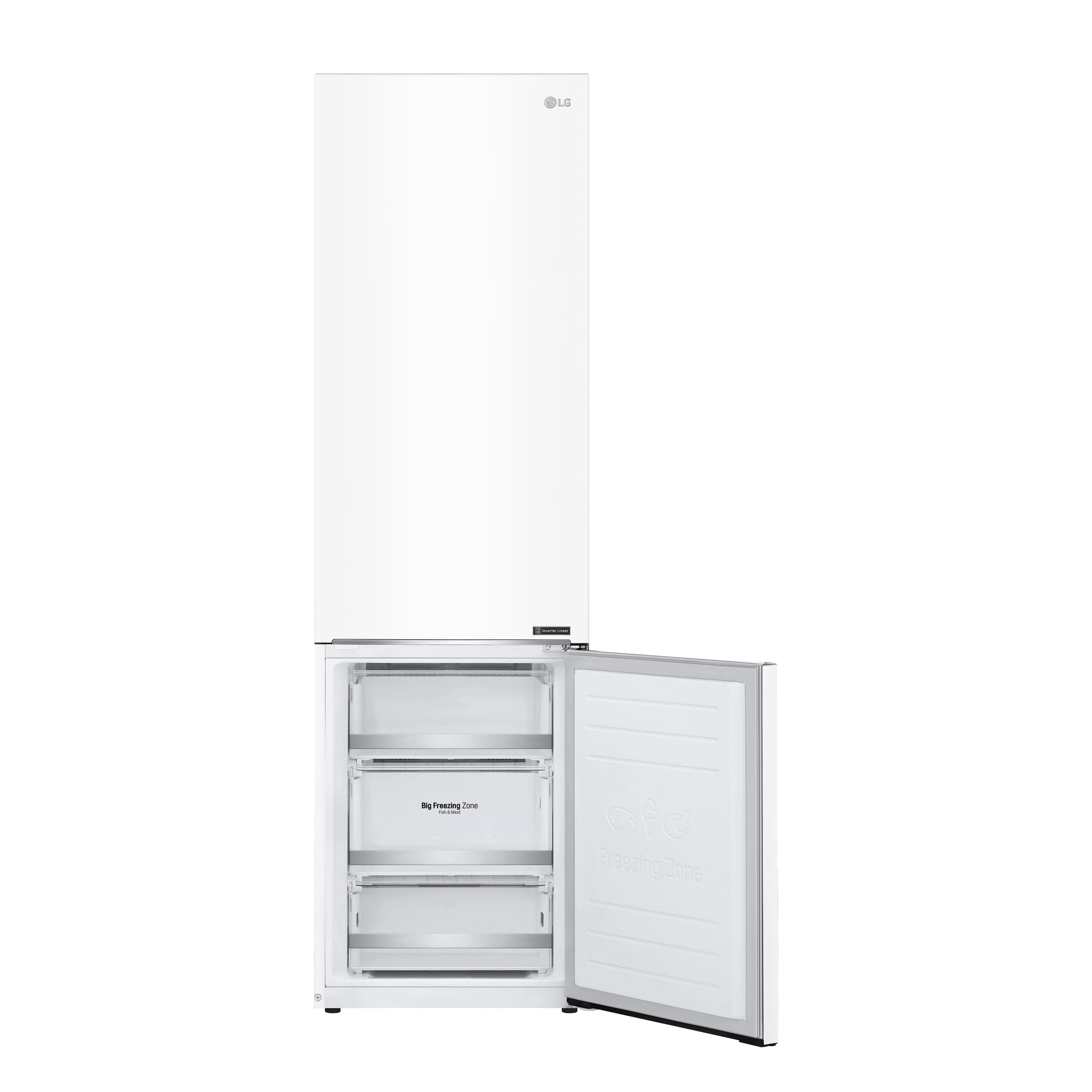 Weißer LG-Kühlschrank mit geöffneter Gefrierschublade, zeigt Regale und Schubladen.