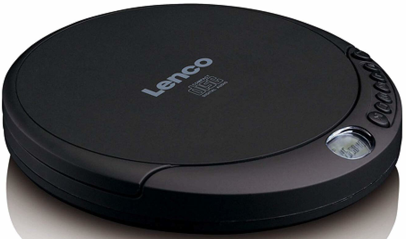 A black Lenco portable CD player with buttons and a display.