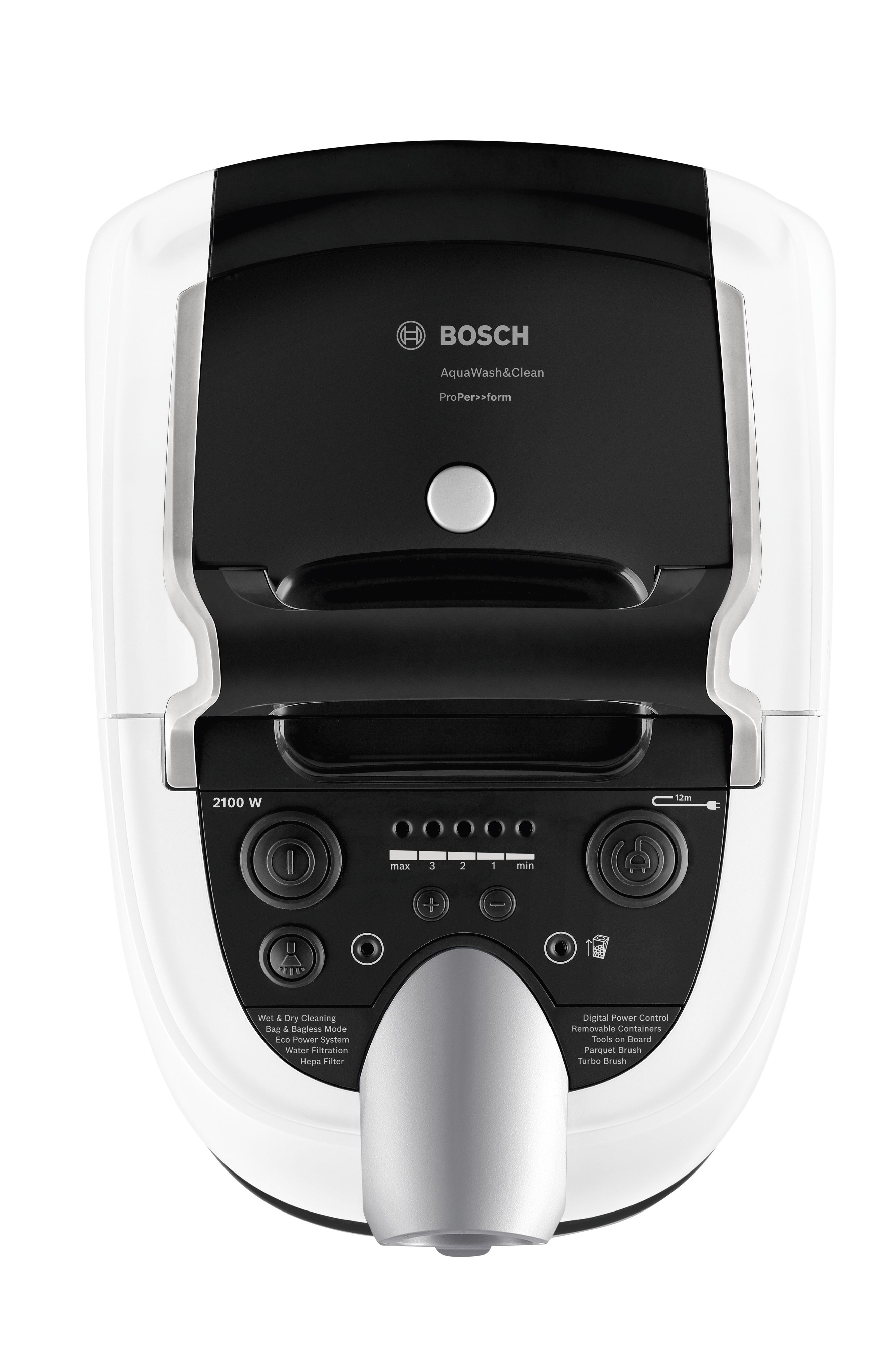 Egy fehér és fekete Bosch AquaWash&Clean porszívó, felülről nézve.