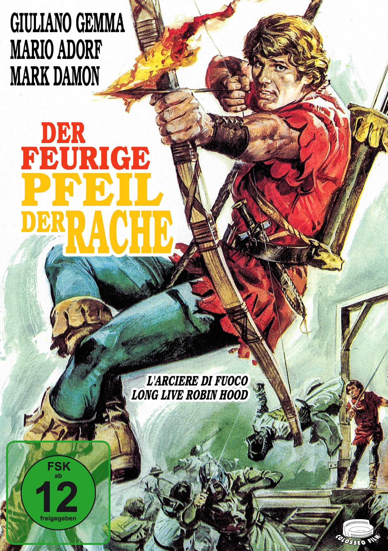 Filmplakat mit einem Mann, der einen Bogen spannt. Text: Der feurige Pfeil der Rache.