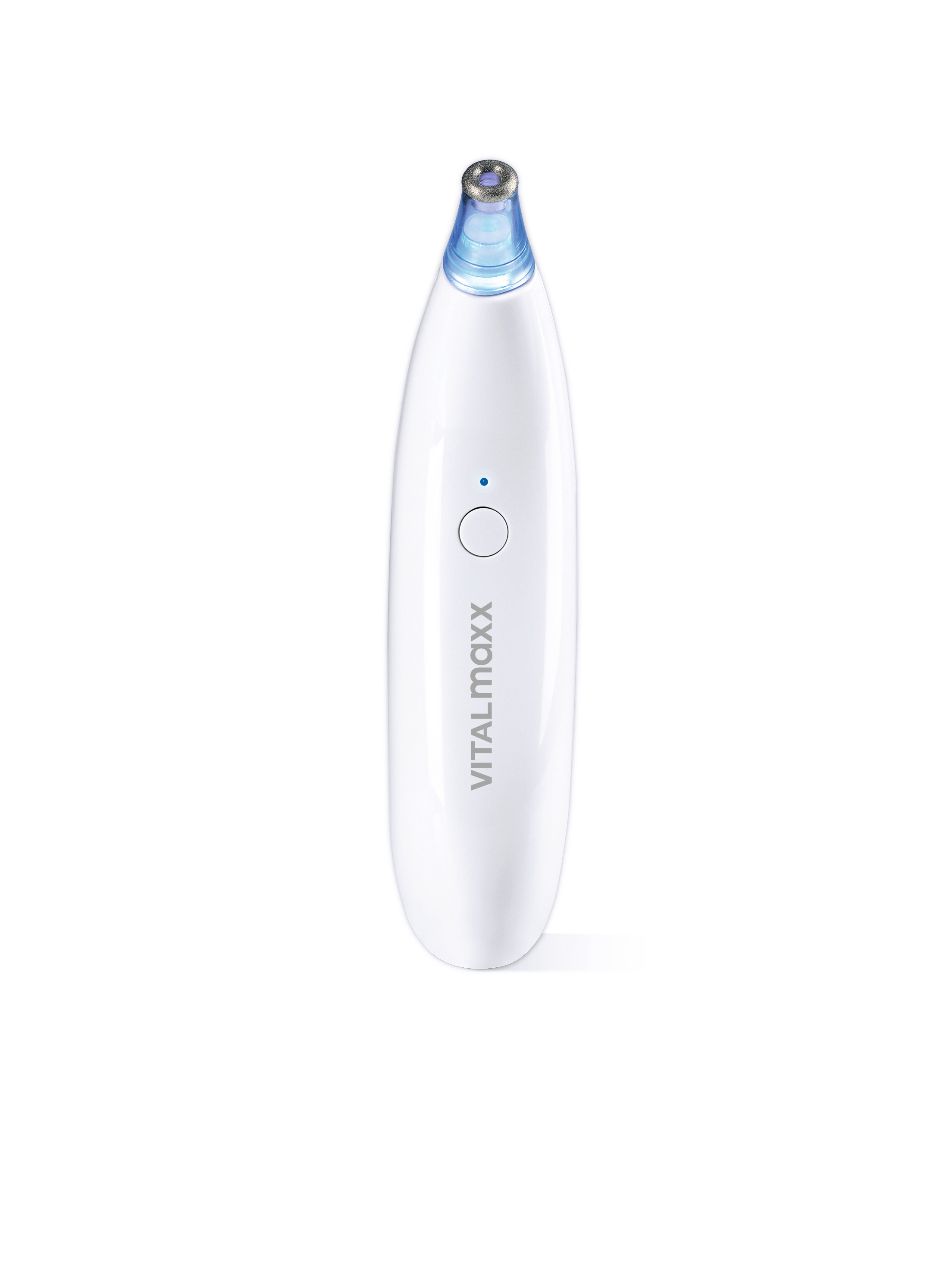 Weißer Vitalmaxx Gesichtsreiniger, weißer Hintergrund, mit blauem Licht.