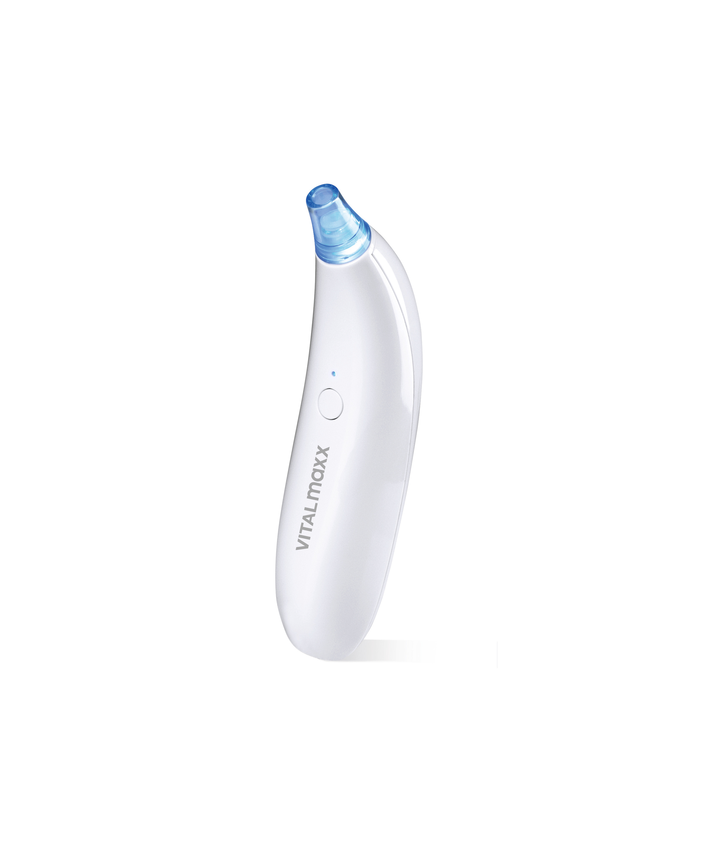 Weiß-blaues Ohrthermometer, schräge Ansicht auf weißem Hintergrund, mit Vitalmaxx-Branding.