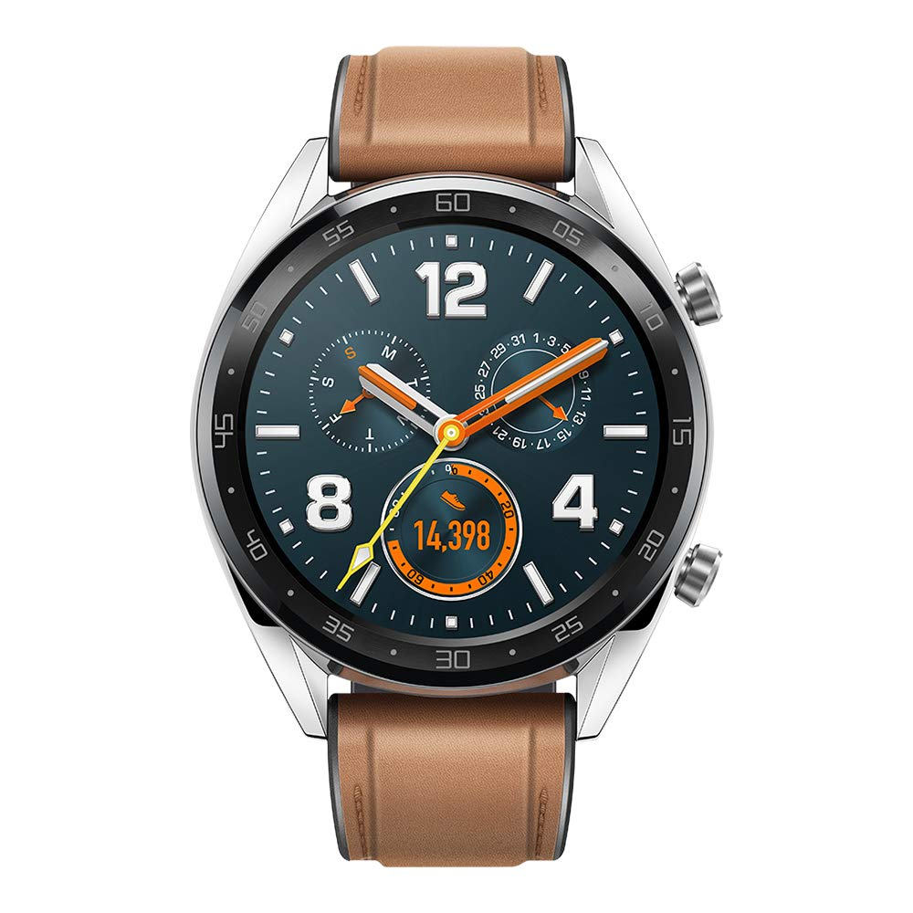 Un reloj inteligente plateado y marrón con esfera azul oscuro y correa de cuero.