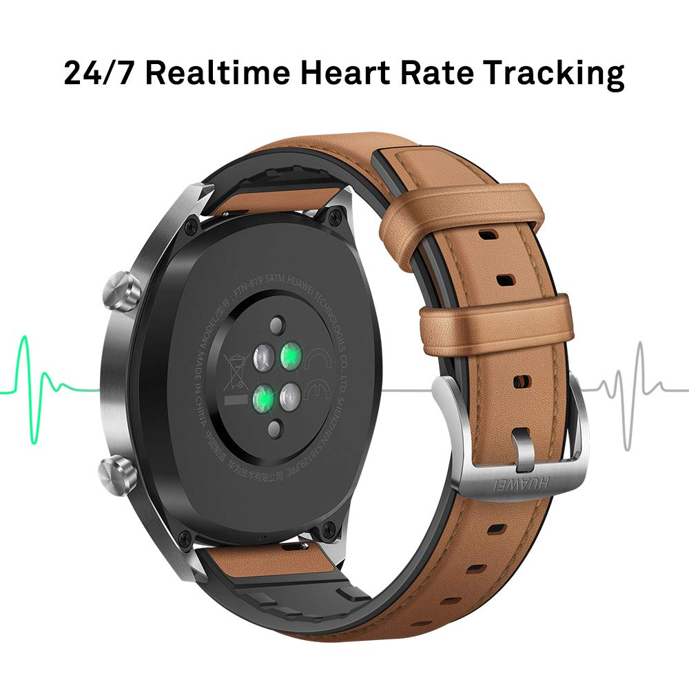 Smartwatch con correa de cuero marrón, vista trasera con sensores de frecuencia cardíaca.