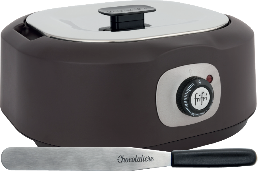 Chocolatière avec un cadran de température et une spatule. Le chauffe-chocolat est marron foncé et argenté.