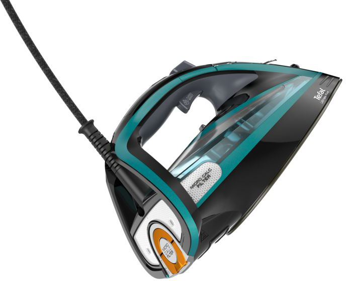 Black and teal iron with a cord on a white background. Brand name is visible.