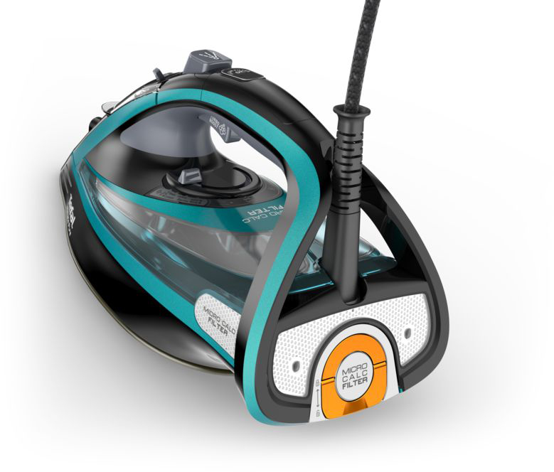 Black and teal iron, angled view. It has a clear water chamber and a white micro calc filter.
