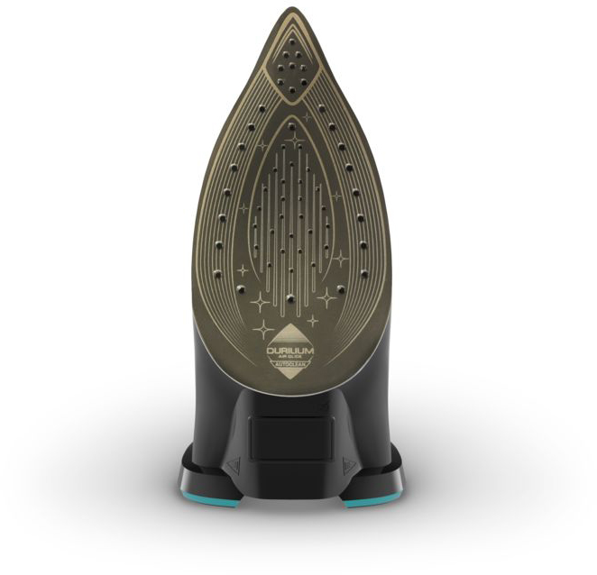 Black and gold iron soleplate with steam holes.
