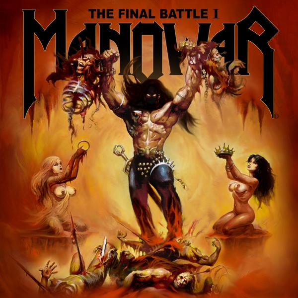 Albumcover: Muskelbepackter Mann hält abgetrennte Köpfe, Text: 'Manowar'.