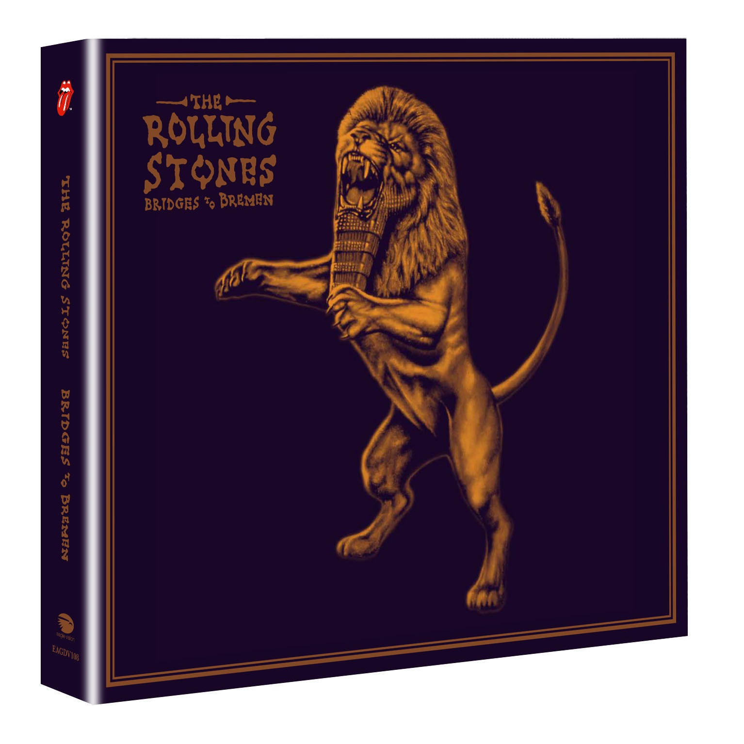 Albumcover: The Rolling Stones Bridges to Bremen. Ein Löwe mit Kopfschmuck steht auf den Hinterbeinen. Dunkler Hintergrund.