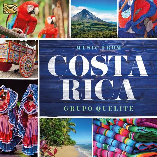 Collage mit Costa-Rica-Thema, einschließlich Papageien, Vulkan, Tänzern und Strand.