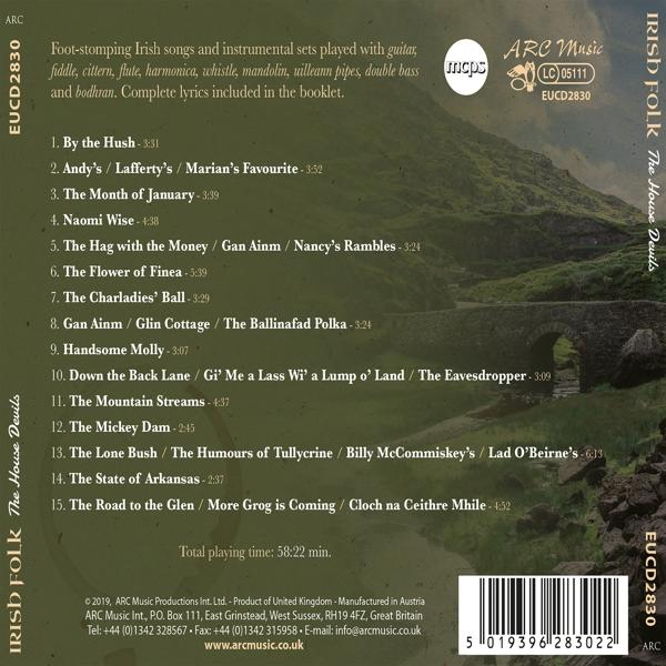 CD-Hülle hinten. Text über irische Folkmusik, Titelliste und Credits. Bild einer Brücke.