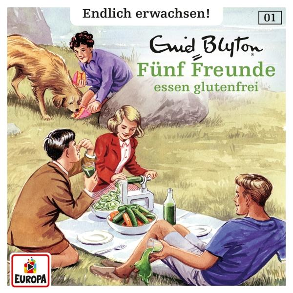 Buchcover: 'Fünf Freunde' von Enid Blyton, mit Kindern bei einem Picknick. Ein Hund ist dabei.