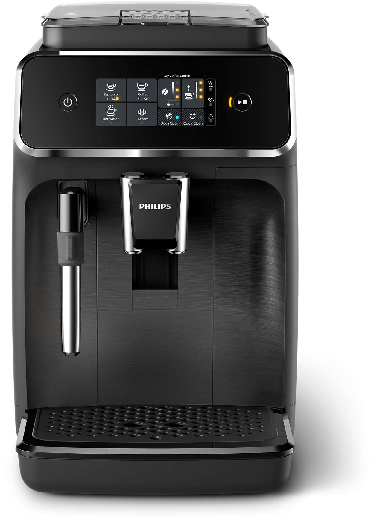 Eine schwarze Philips Kaffeemaschine mit Touchscreen, Knöpfen und einem silbernen Ausguss.