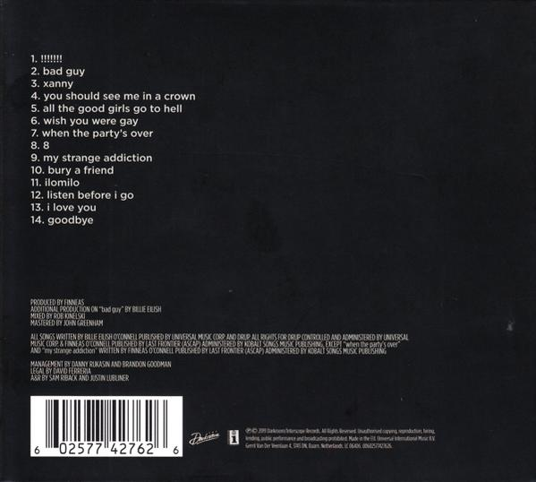 Rückseite einer CD-Hülle mit Songtiteln und Text.