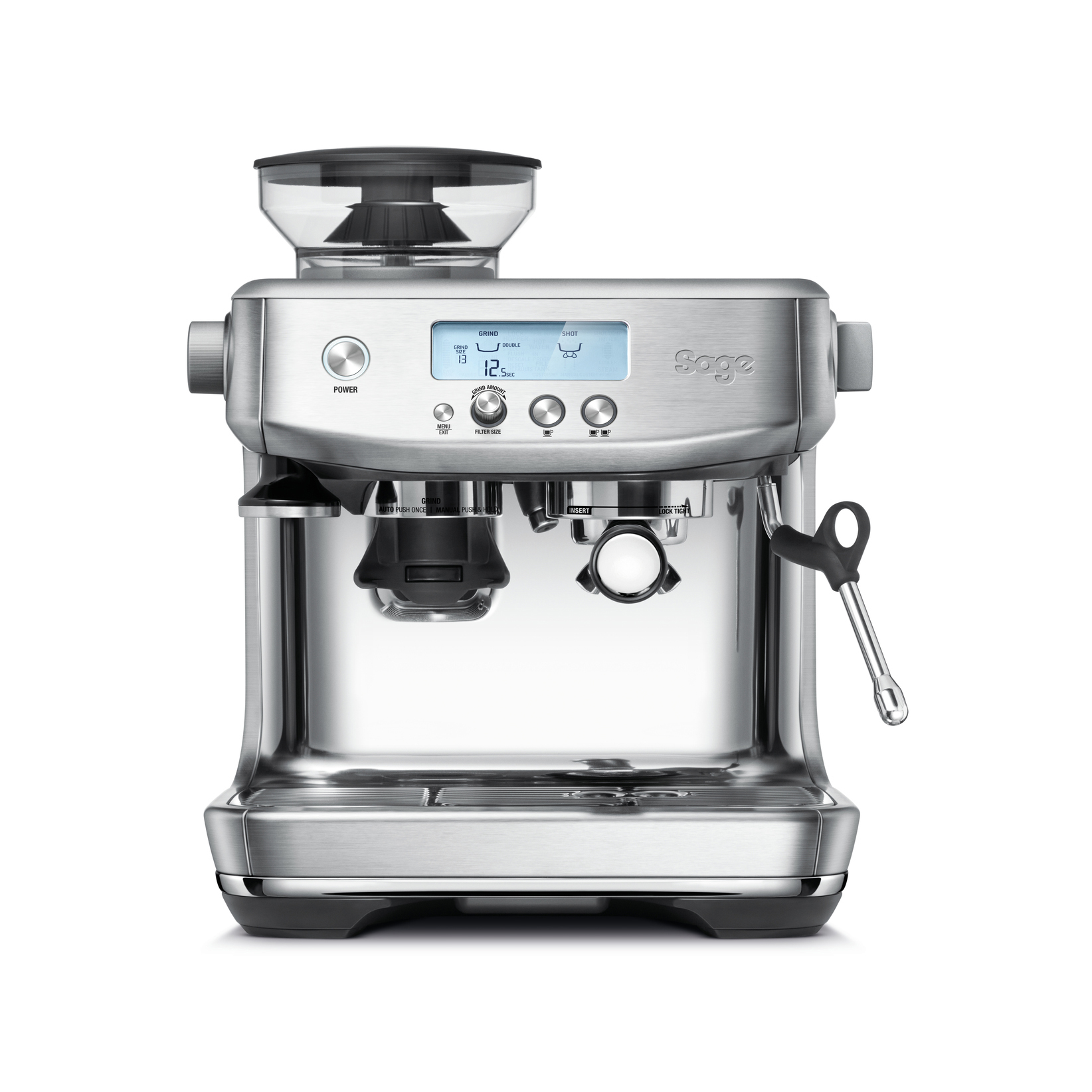 Silberne Espressomaschine mit Mahlwerk. Hat ein digitales Display und Knöpfe.
