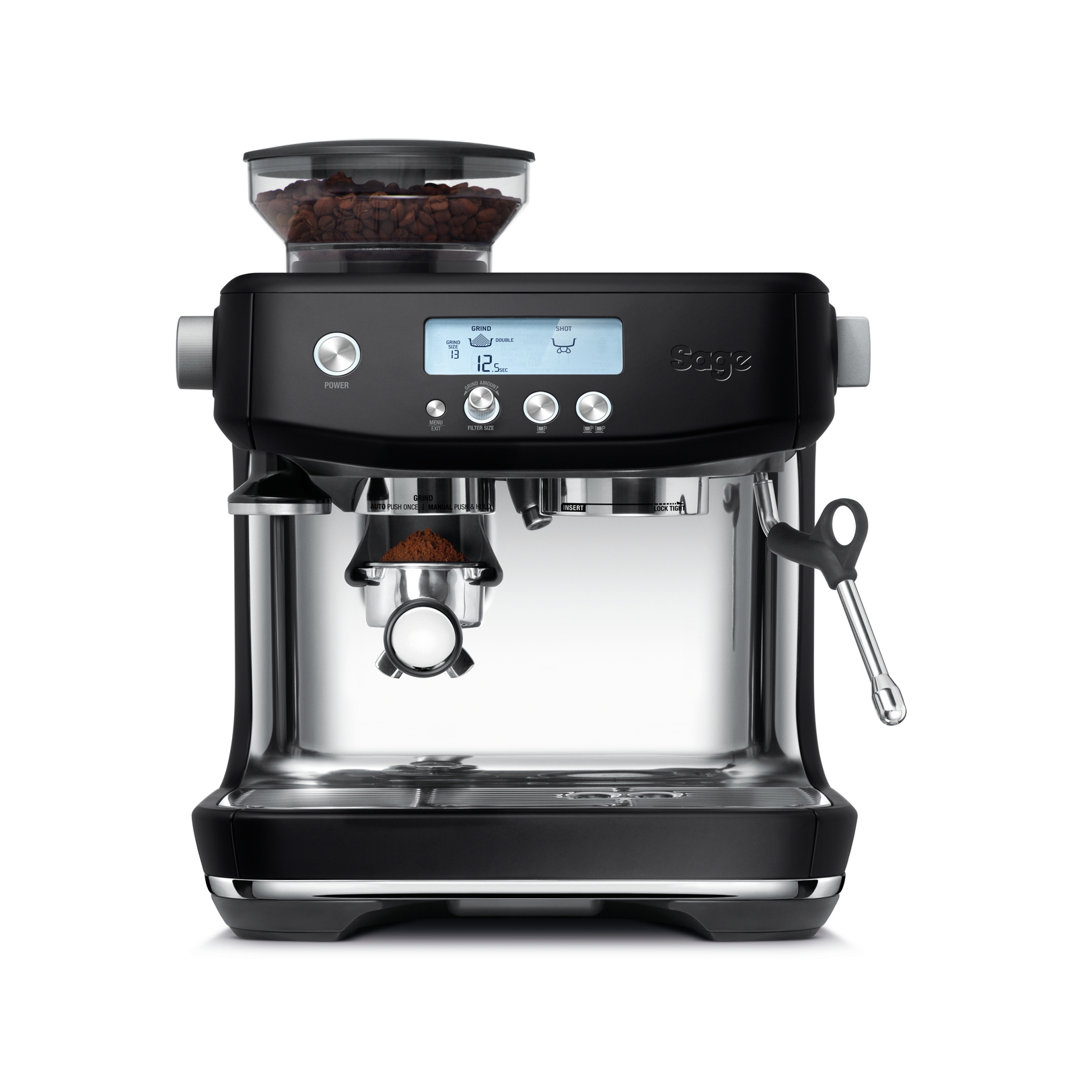 Schwarze Espressomaschine mit Bohnenbehälter oben. Sie hat eine Digitalanzeige und Stahldetails.