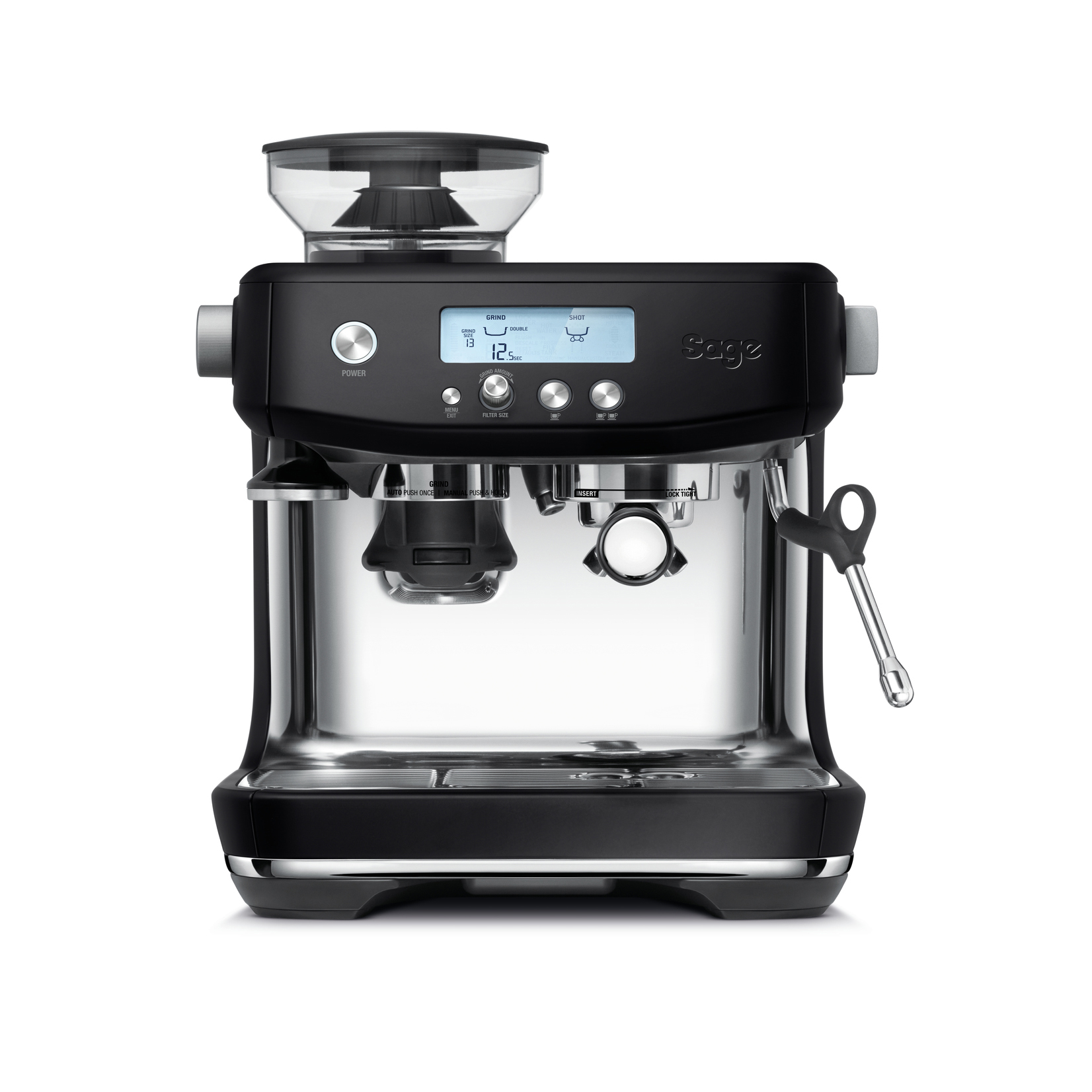 Eine schwarze Sage Espressomaschine mit silberner Basis. Sie hat ein digitales Display und eine Mühle.