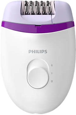 Fehér Philips epilátor, lila díszítéssel, közelkép, fehér háttér.