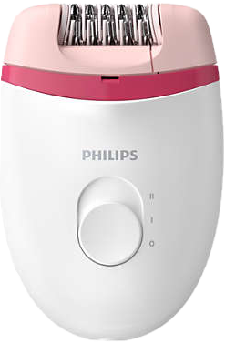 Fehér és rózsaszín Philips epilátor kerek vezérlővel és ezüst fejjel csipeszekkel.
