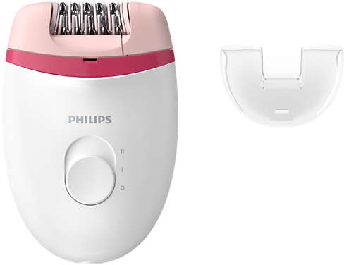 Fehér és rózsaszín epilátor, PHILIPS márka, mellette egy fehér fedél. Fehér háttér.