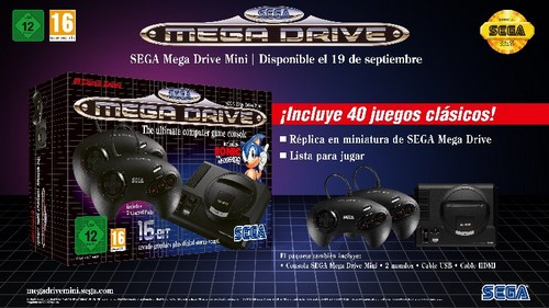 Consola - SEGA Mega Drive Mini, 42 juegos, 2 mandos, Negro