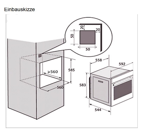 Diagramm eines Ofeneinbaus. Zeigt Abmessungen und benötigten Platz.