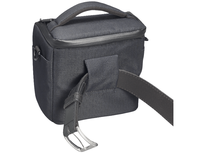 A black camera bag with a handle, shoulder strap, and belt loop, shot at an angle.