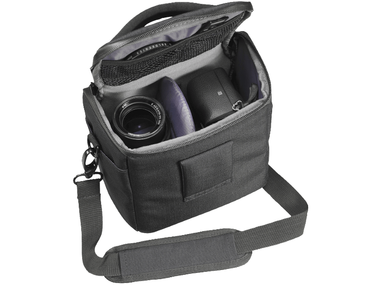 Open black camera bag with camera, lens, and accessories inside. Black strap and handle.