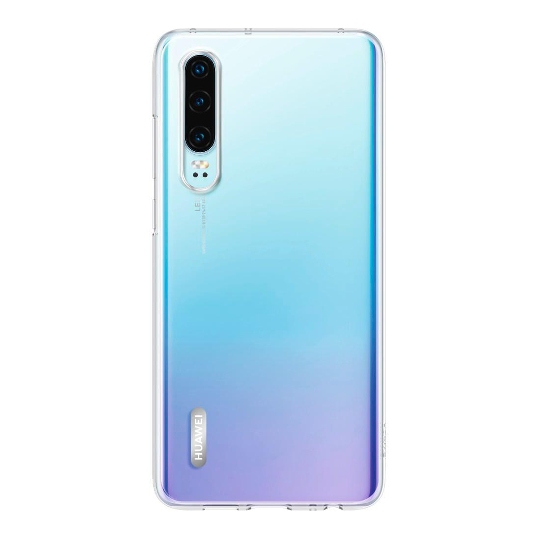 Transparente Hülle auf blau/lila Farbverlauf Huawei Telefon, Rückansicht.