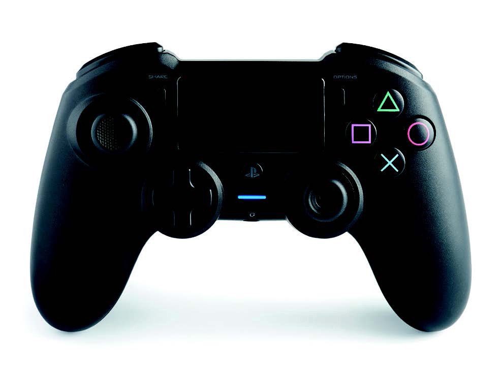 Schwarzer PS4-Controller mit farbigen Tasten, auf weißem Hintergrund.