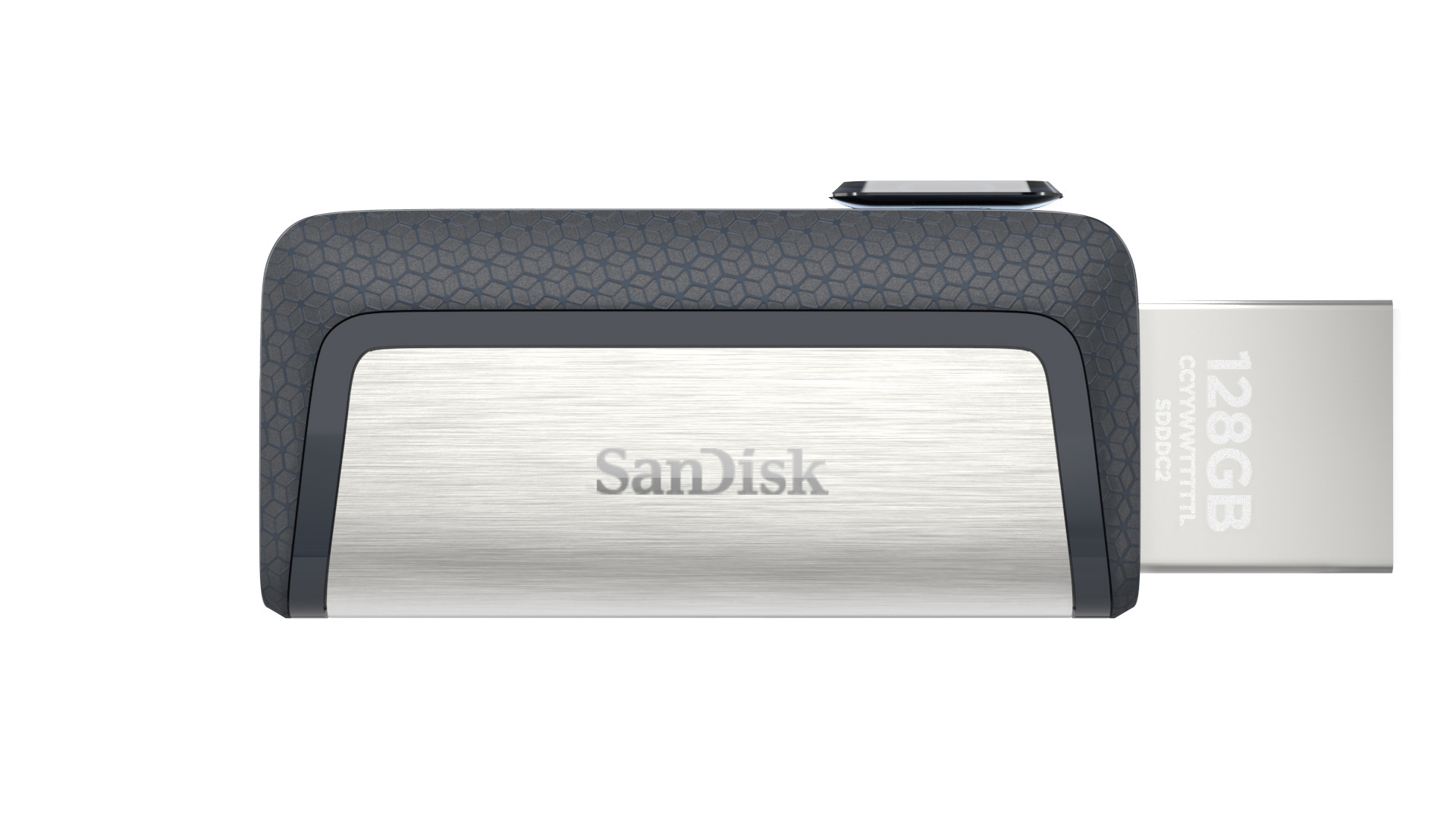 Silberner und grauer SanDisk USB-Stick, mit SanDisk-Logo und Kapazität.
