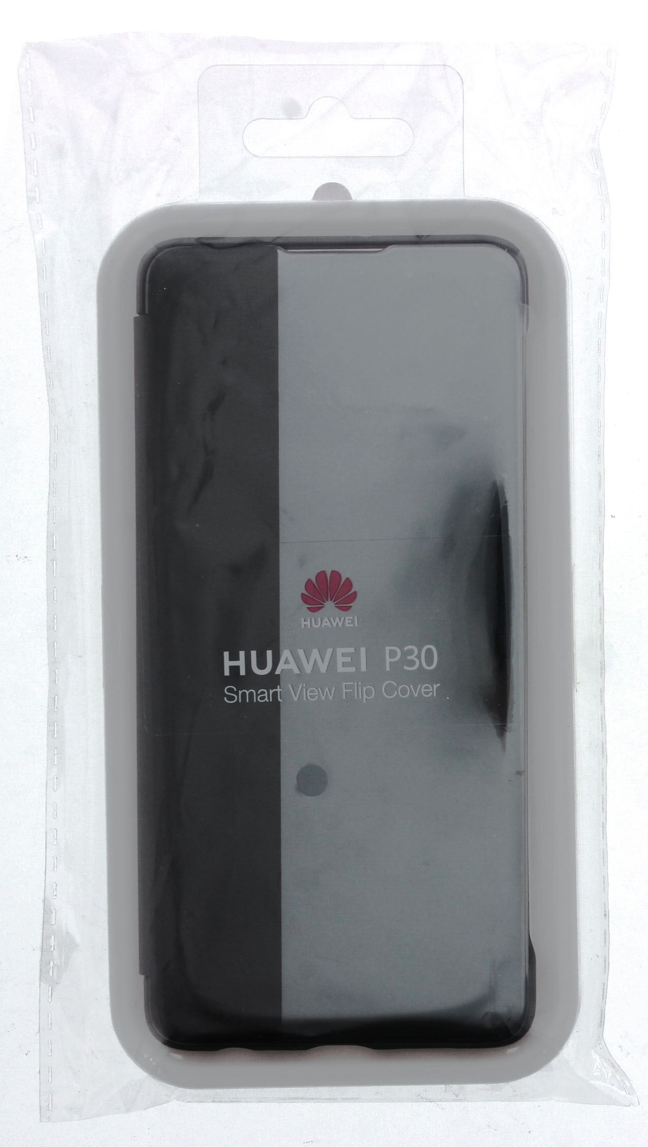 Eine Handyhülle in einer Plastikverpackung. Sie ist schwarz und grau mit dem Huawei-Logo.