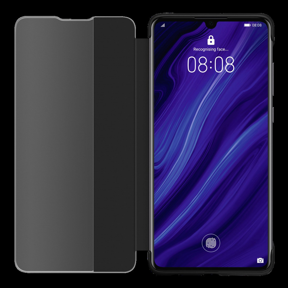 Smartphone mit Hülle, Bildschirm zeigt Uhrzeit und Fingerabdruckaufforderung.