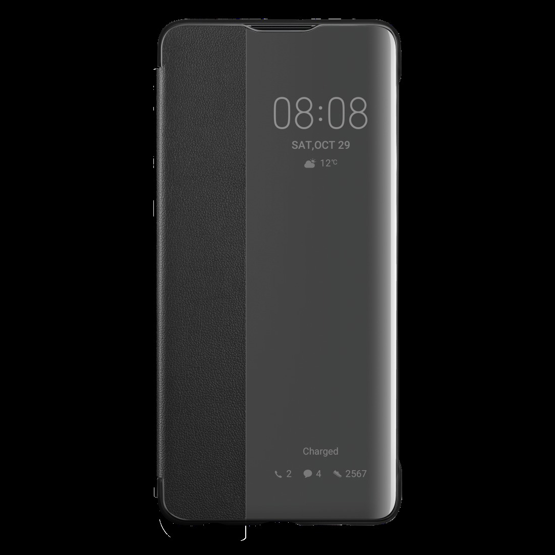 Ein schwarzes Telefon mit einem Bildschirm, der Uhrzeit, Datum und Temperatur anzeigt.