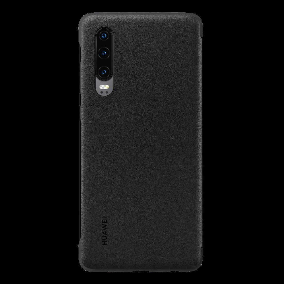 Eine schwarze Handyhülle mit strukturierter Oberfläche. Das Huawei-Logo befindet sich unten, die Kamera oben.