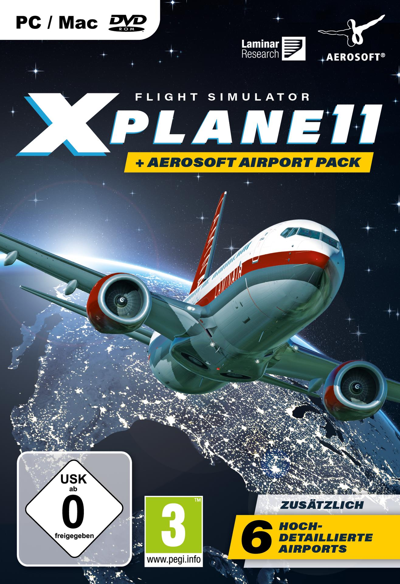 Flight Simulator-Spielcover: Flugzeug fliegt nachts über Stadtlichtern.