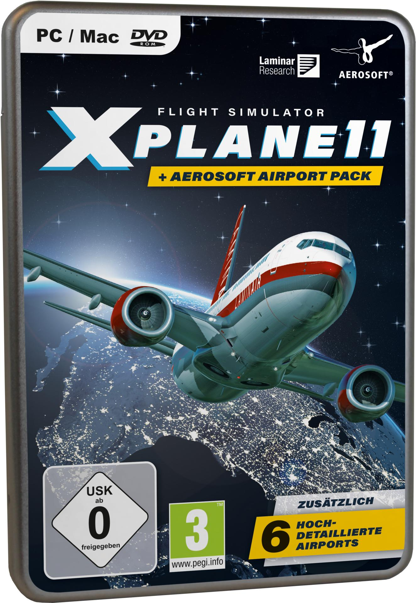 Spielbox für X-Plane 11 Flugsimulator. Es zeigt ein Flugzeug über einer Stadt bei Nacht.